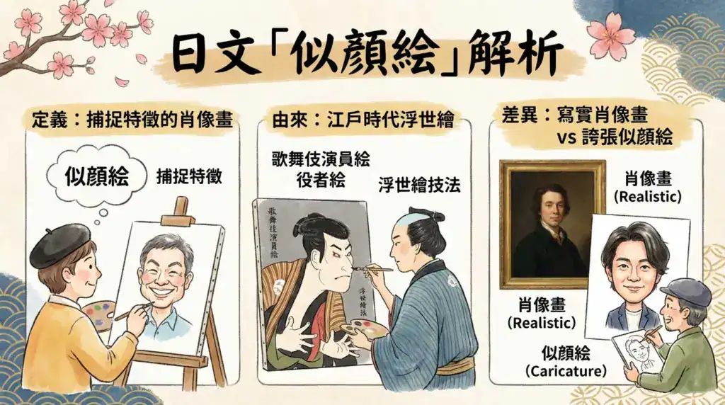 似顏繪起源示意圖，說明其與日本江戶時代浮世繪的歷史關聯。