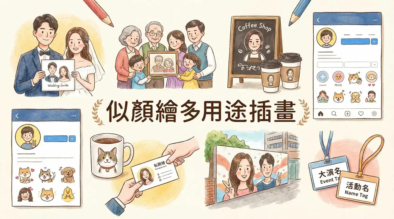 似顏繪客製化禮物示意圖，展示生日、情人節與婚禮等多種送禮場合。