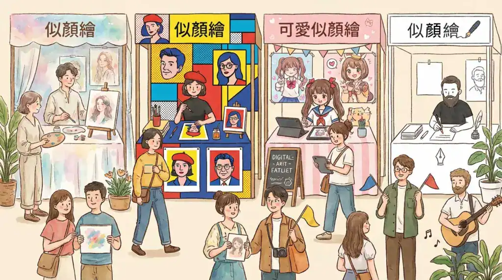 多種似顏繪風格示例圖，包含 Q 版、水彩、動漫與極簡插畫風格。