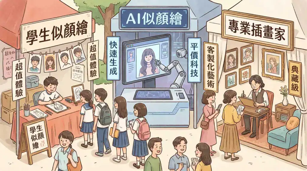 呈現似顏繪不同價格因素的示意圖，包含手繪、電繪與商業授權差異。