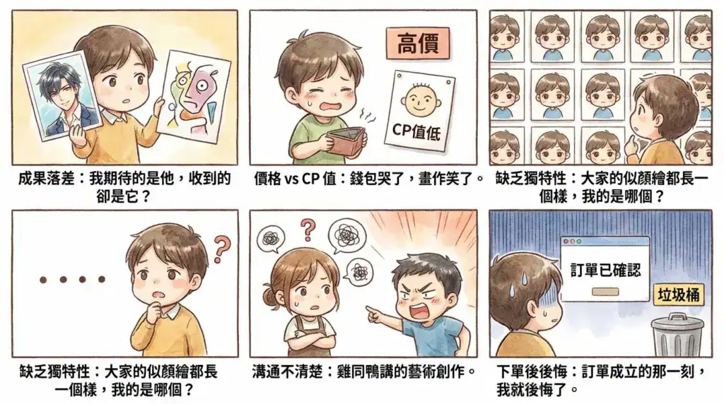 呈現似顏繪購入常見痛點的示意插畫，如不滿成品或溝通落差