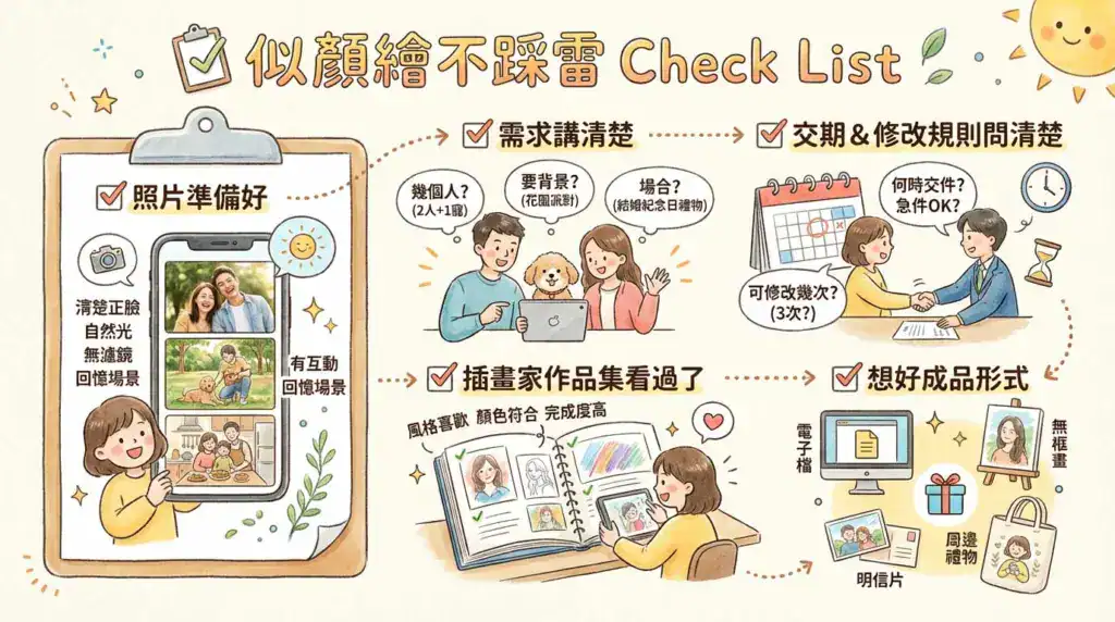 似顏繪下單前 1 分鐘檢查清單示意插圖，包含照片品質、需求說明、交件時間、作品集確認與成品形式等五大注意事項。