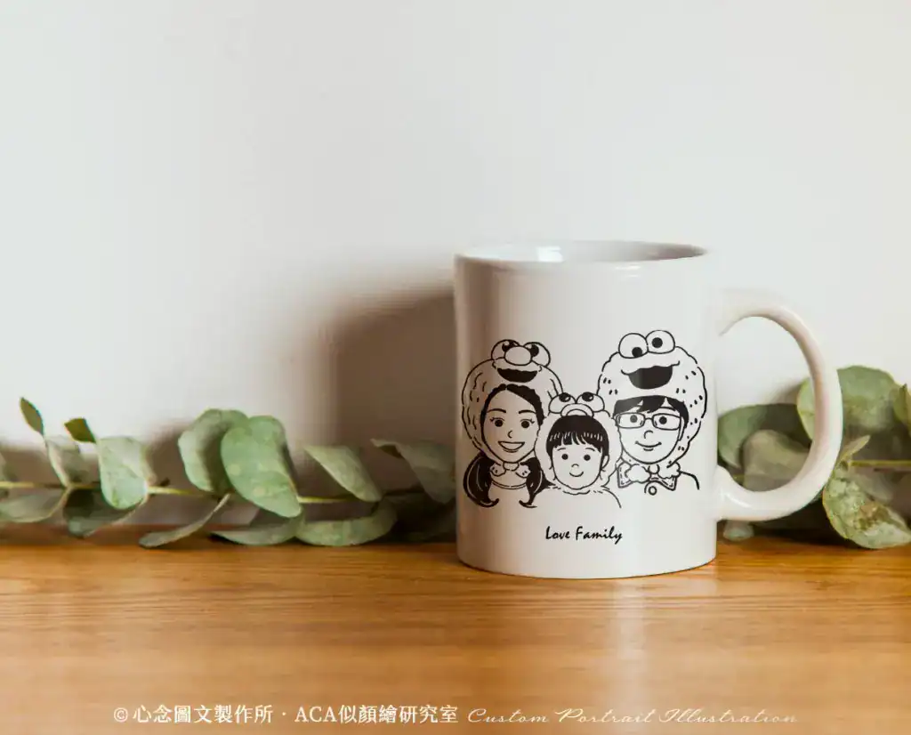 豆豆眼畫風似顏繪客製馬克杯。