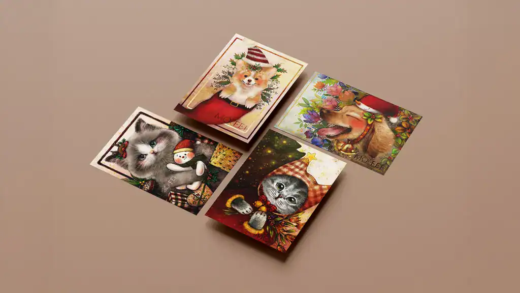 聖誕節寵物似顏繪明信片。圖片來源 心念圖文設計製作所｜MO2FEI 2020 年製作