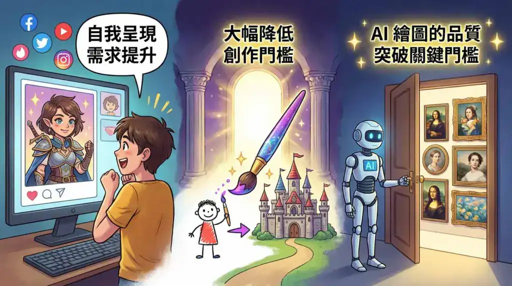 AI 繪圖在 2025 再度爆紅的三大原因示意圖，包括自我呈現需求提升、降低創作門檻與 AI 繪圖品質突破。