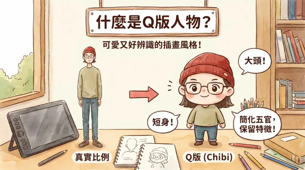 Q 版人物示意圖，展示大頭短身比例與五官簡化的插畫風格
