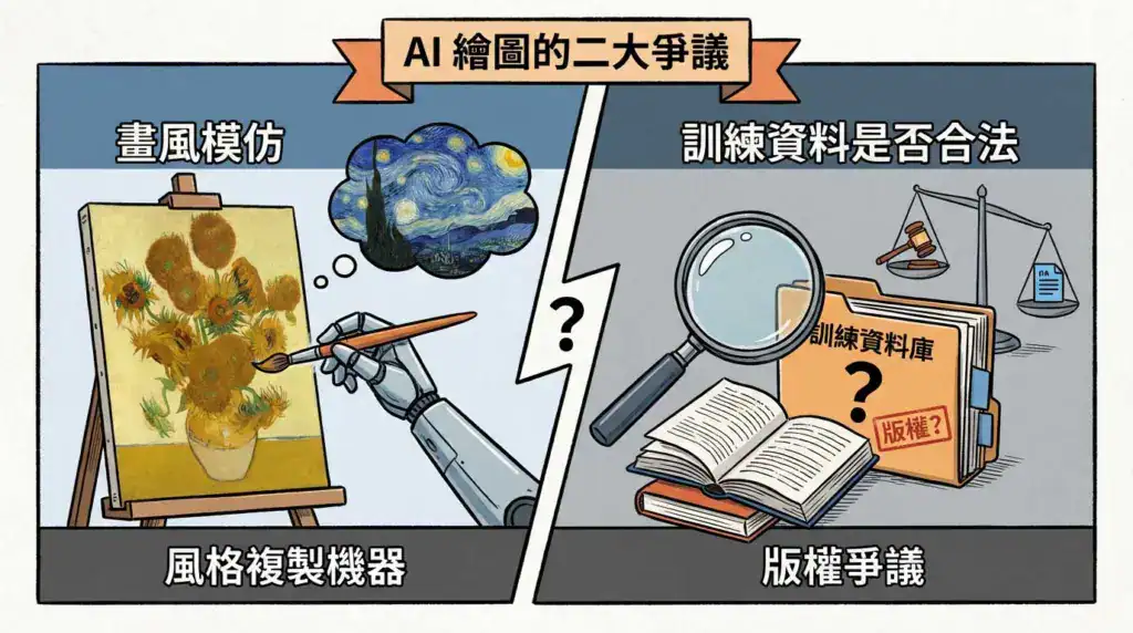 AI 繪圖的兩大爭議示意圖，包含畫風模仿與訓練資料是否合法，呈現機器手臂模仿畫風與資料庫版權問題。