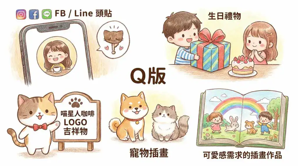 Q 版人物適合的用途示意圖，包含頭貼、生日禮物、寵物插畫與吉祥物
