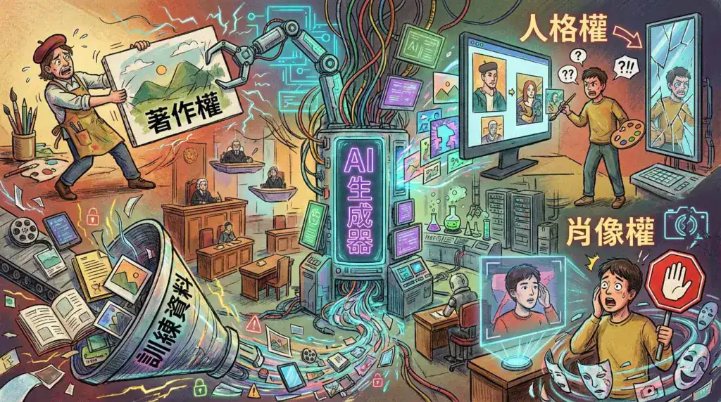 AI 繪圖法律風險示意圖，呈現著作權、訓練資料授權、人格權與肖像權四大議題，包含畫家與 AI 機械手臂的拉扯、資料庫爭議與人像誤用場景。