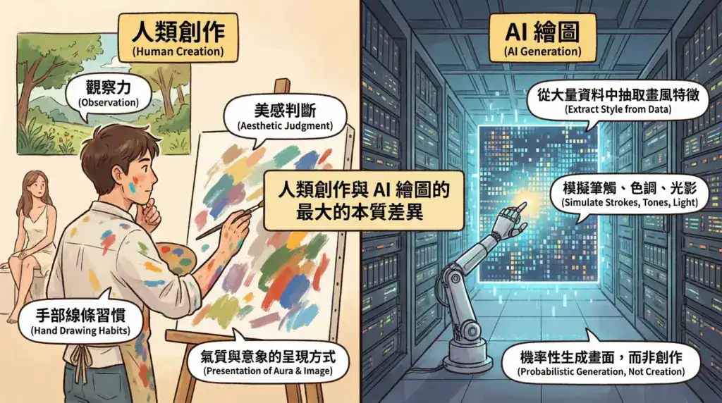 AI 繪圖與人類原創插畫的差異示意圖，呈現觀察力、美感判斷、手繪線條等人類創作特質，對比 AI 透過資料抽取與筆觸模擬生成畫面的方式。