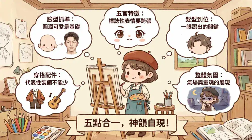 Q 版人物是否像本人的五大判斷標準示意圖，包括臉型、五官特徵、髮型、穿搭配件與整體氛圍