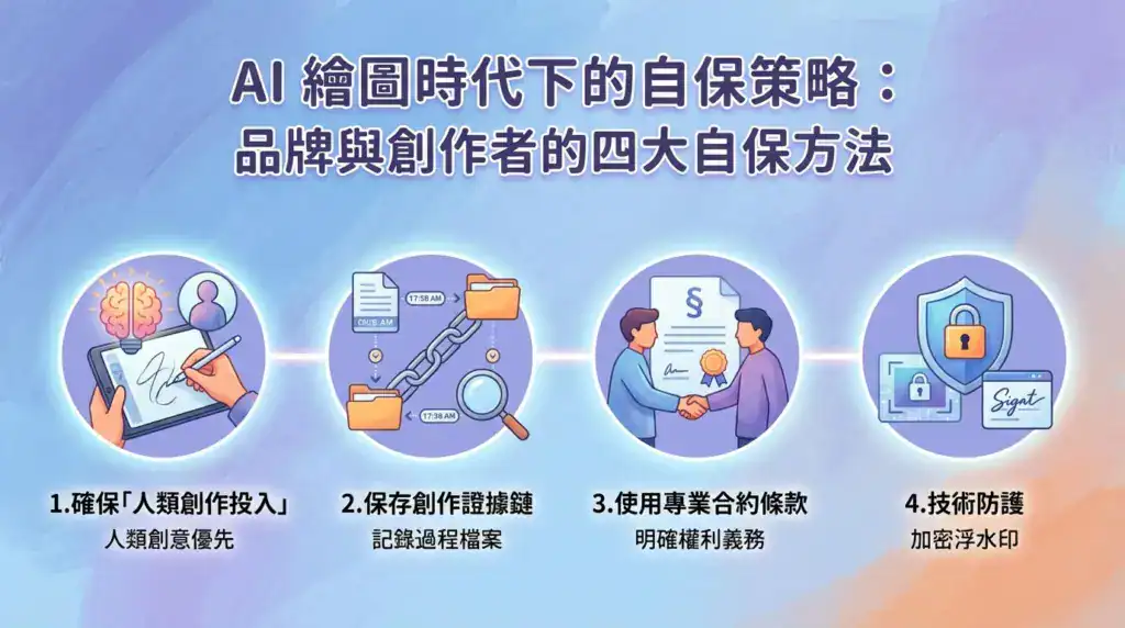 AI 繪圖時代下的四大自保策略示意圖，包括人類創作投入、保存創作證據鏈、使用專業合約條款與技術防護。