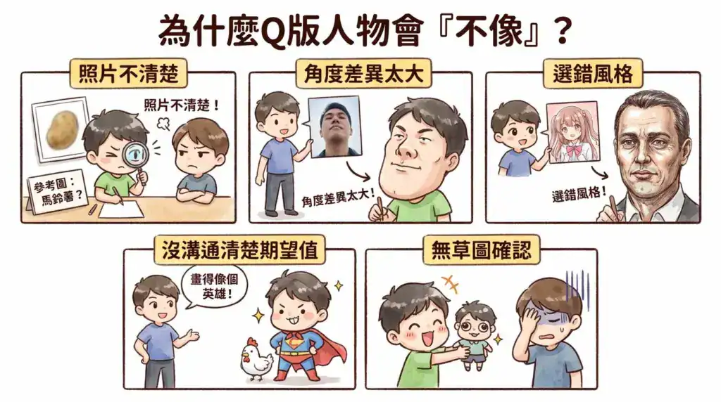 Q 版人物容易「不像」的五大原因示意圖，包括照片不清楚、角度差異、風格選錯、期待不符與無草圖確認