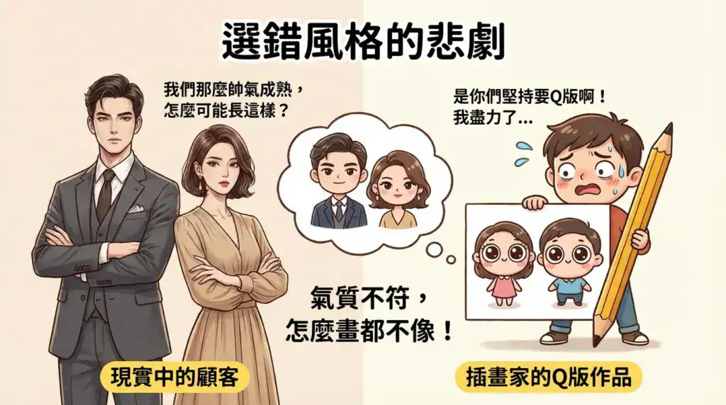 Q 版人物不像的原因示意：現實質感與 Q 版風格不符，導致相似度下降