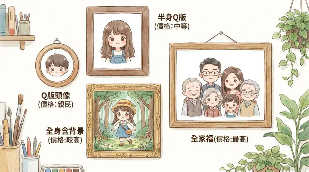 Q 版人物價格種類示意圖，包含頭像、半身、全身含背景與全家福等不同款式