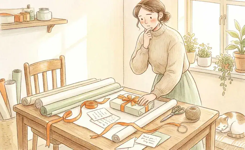 挑選客製化禮物的插畫情境圖，一個人在桌前包裝禮物，表情猶豫，呈現送禮前的焦慮與思考時刻
