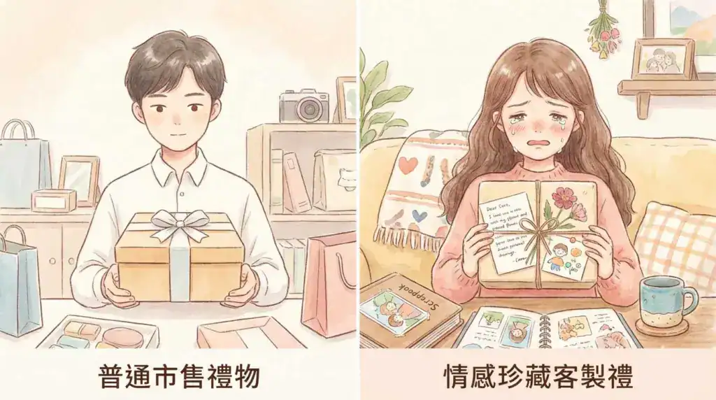 普通市售禮物與情感型客製化禮物的對照插畫，呈現制式送禮與專屬回憶之間的差異