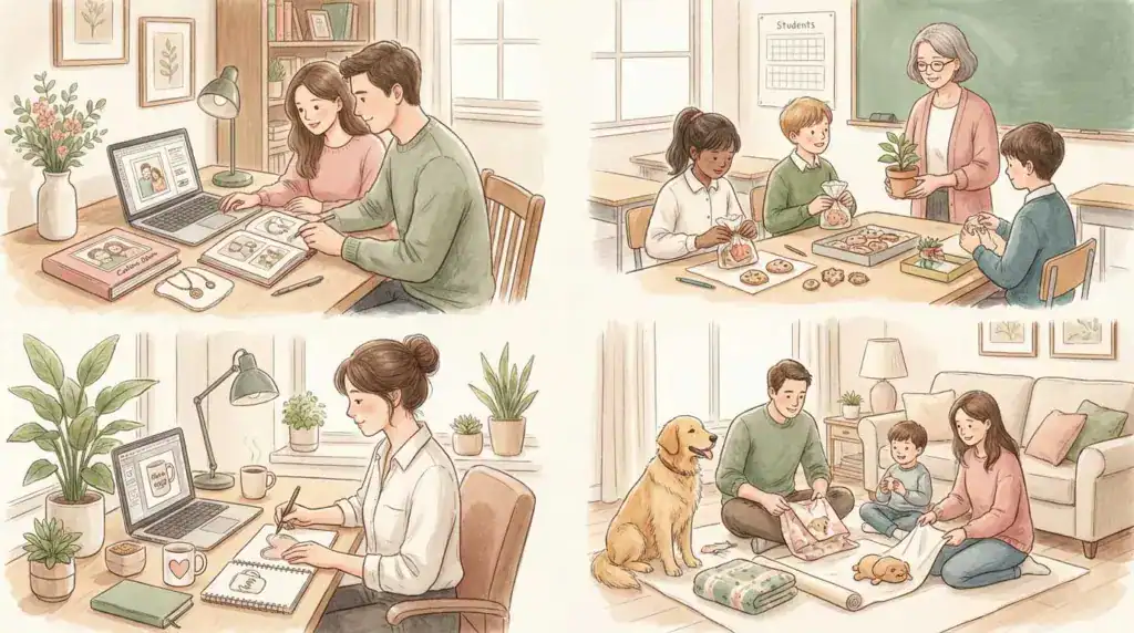 客製化禮物選擇情境插畫，呈現情侶、學生、上班族與家庭在不同使用情境中準備客製化禮物