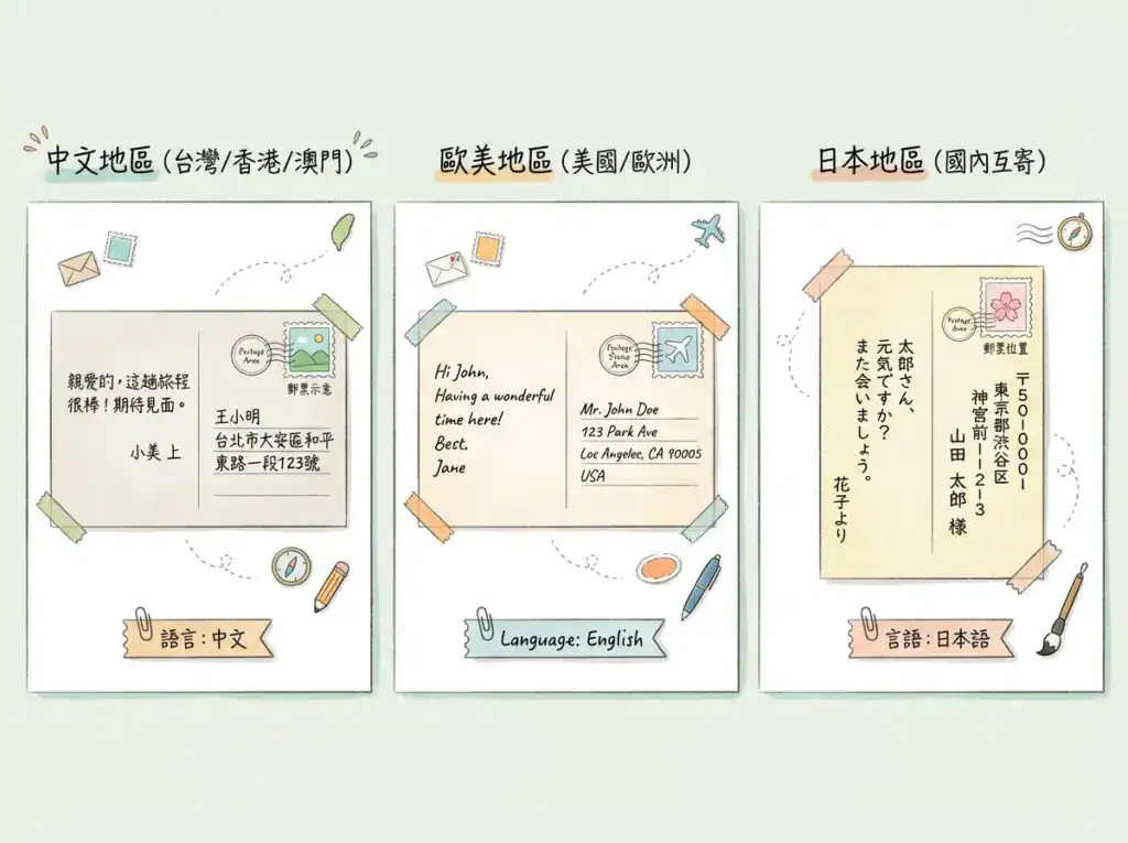 圖為明信片格式背面分區方式(中文／歐美／日本)差異整理示意圖。中文與歐美明信片多為橫向書寫、地址在右側；日本國內明信片則以直式書寫為主，地址位於右半部，版面邏輯差異最明顯