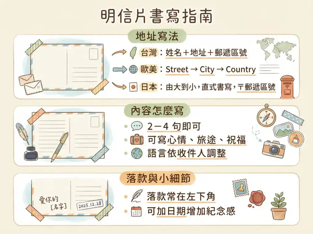 明信片書寫指南插畫，整理新手最常卡關的 3 個重點，包括台灣、歐美、日本的地址寫法差異、內容撰寫原則，以及落款與日期位置說明