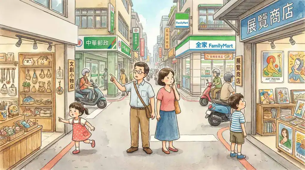 明信片購買通路示意插畫，呈現郵局、便利商店、文具選物店與展覽商店等常見購買情境