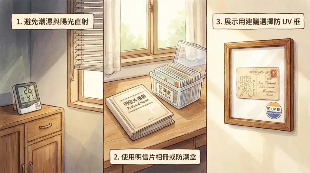 明信片保存方式示意插畫，說明避免潮濕與陽光直射、使用相冊或防潮盒，以及展示時選擇防 UV 相框的三大保存重點