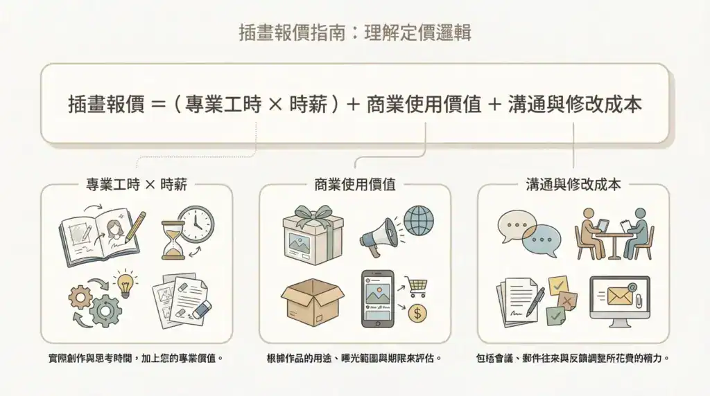 插畫報價公式示意圖，說明插畫報價由專業工時、商業使用價值與溝通修改成本組成