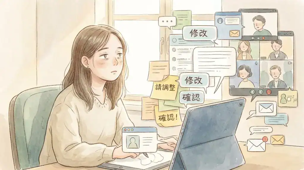 插畫接案溝通成本示意圖，插畫師在反覆修改、確認與多方溝通中感到疲累，對應報價中的溝通係數