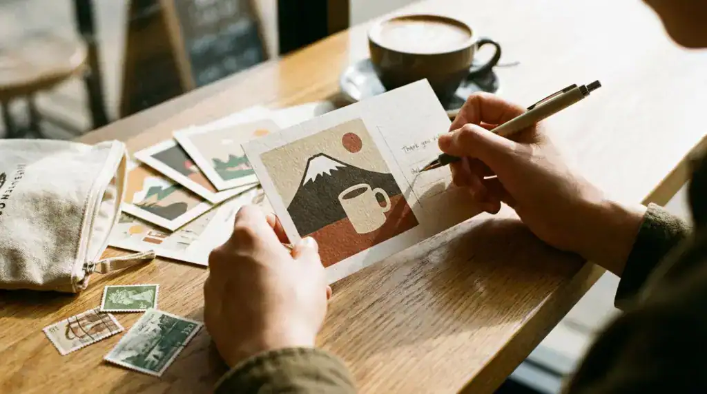 A6 明信片實體使用情境，一雙手在咖啡桌前書寫插畫明信片，呈現穩定不浮誇的商業應用氛圍