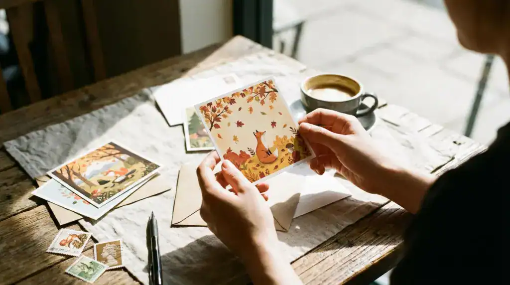 正方形明信片約 12×12 公分實體情境照，手持插畫明信片於咖啡桌前，呈現高視覺辨識度的 1:1 比例設計