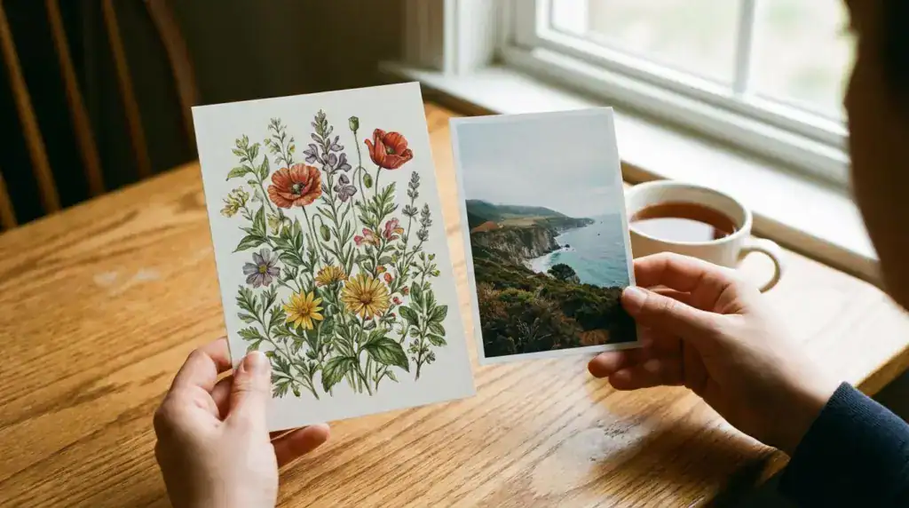 5×7 明信片約 13×18 公分實體情境照，手持插畫與風景明信片，呈現適合展示與收藏的較大尺寸比例