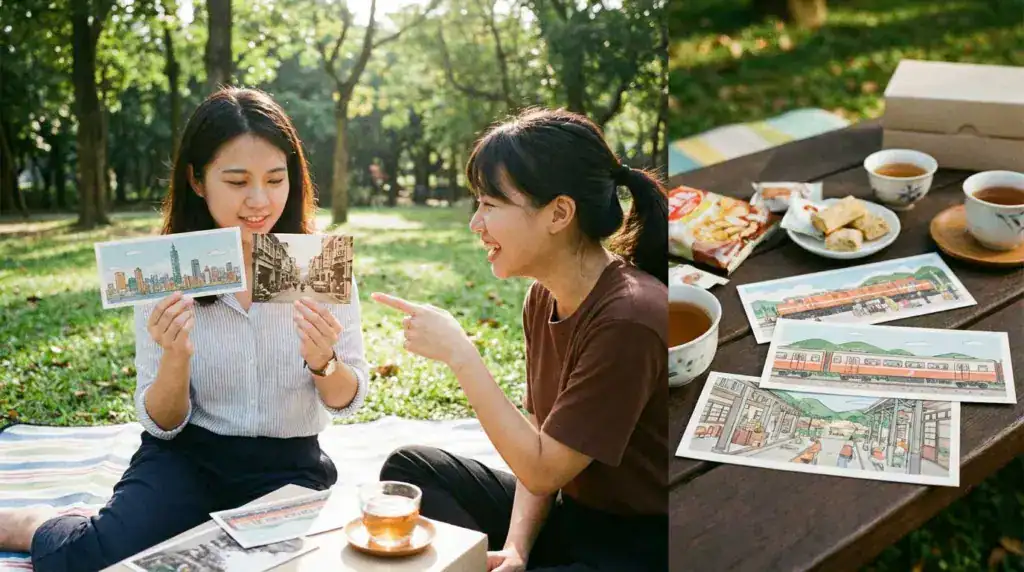 全景長條型明信片約 4×9 英吋實體情境照，插畫明信片於戶外交流與桌面展示場景中，呈現延展視野的橫向比例效果