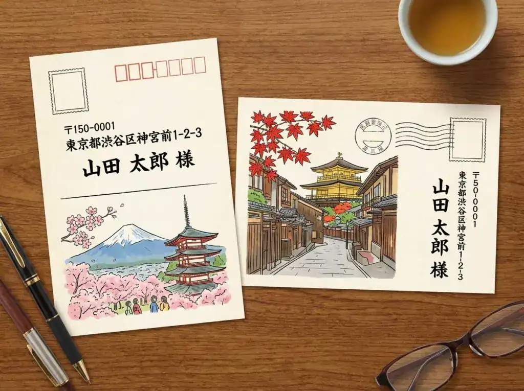 日本明信片地址寫法示意圖，包含橫書與直書範例、郵遞區號與收件人敬稱標示。