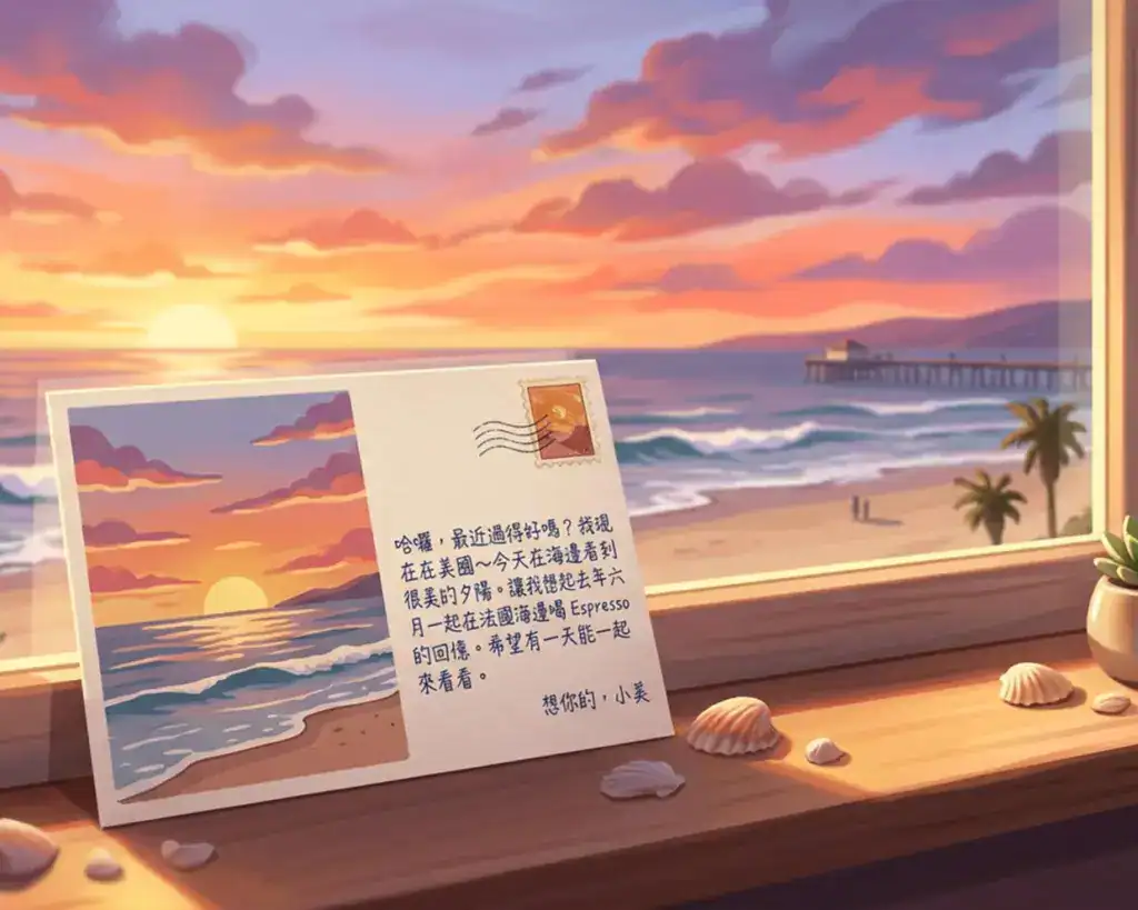 明信片寫法示意圖,分享當下的旅行、風景或生活片段,接著加入祝福或關心。