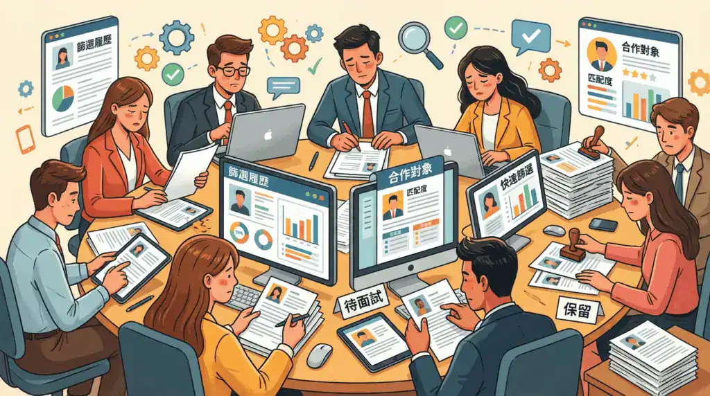 HR 與企業團隊同時檢視多份履歷與頭像，在短時間內進行初步篩選與判斷的示意插畫