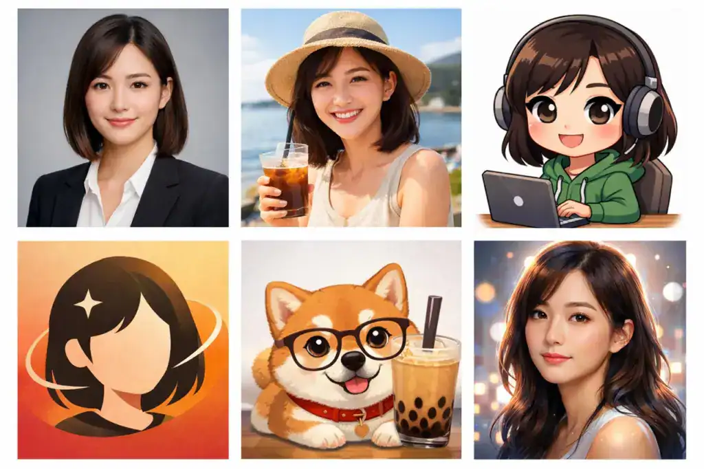 不同頭像類型與使用場域的對照示意圖，包含專業形象照、生活感照片、插畫頭像與寵物頭像，用於比較第一印象差異