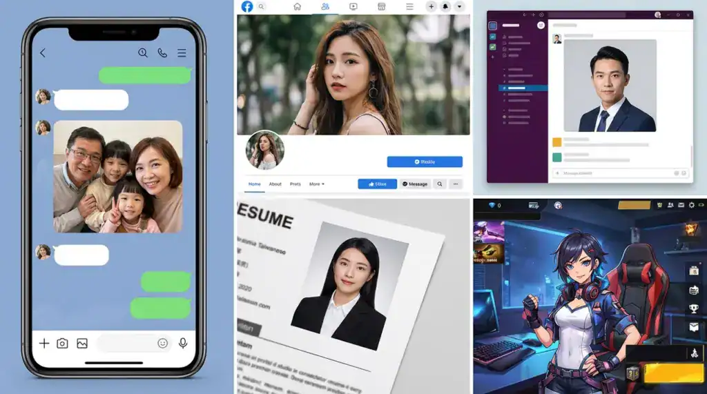 示意圖呈現許多平台都需要頭像，LINE 帳號、工作、求職履歷、論壇、遊戲平台等場域是最常見需要使用頭像的場域。