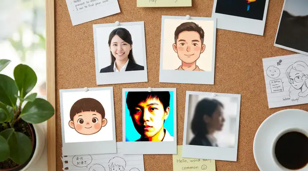 多種頭像風格並列的示意圖，包含真人照片、插畫頭像與模糊側臉，用於說明不同視覺呈現帶來的第一印象差異