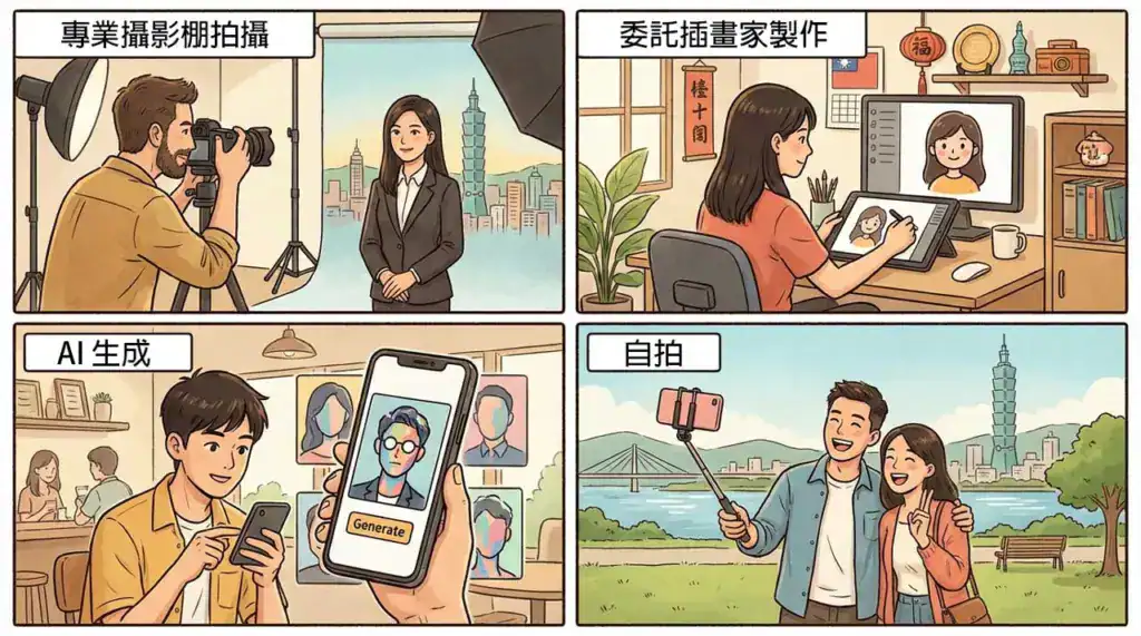 常見頭像製作方式比較示意圖，包含專業攝影、插畫委託、AI 生成與自行拍攝，呈現不同製作流程與使用情境