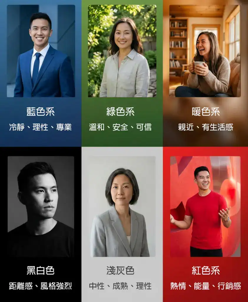 不同頭像背景顏色的心理聯想示意,黑白、淺灰與紅色背景分別傳遞距離感、中性專業與熱情能量的第一印象