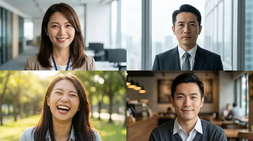 不同大頭照表情對第一印象影響的示意圖,包含微笑、不笑與自然表情,呈現親和力與專業感的差異