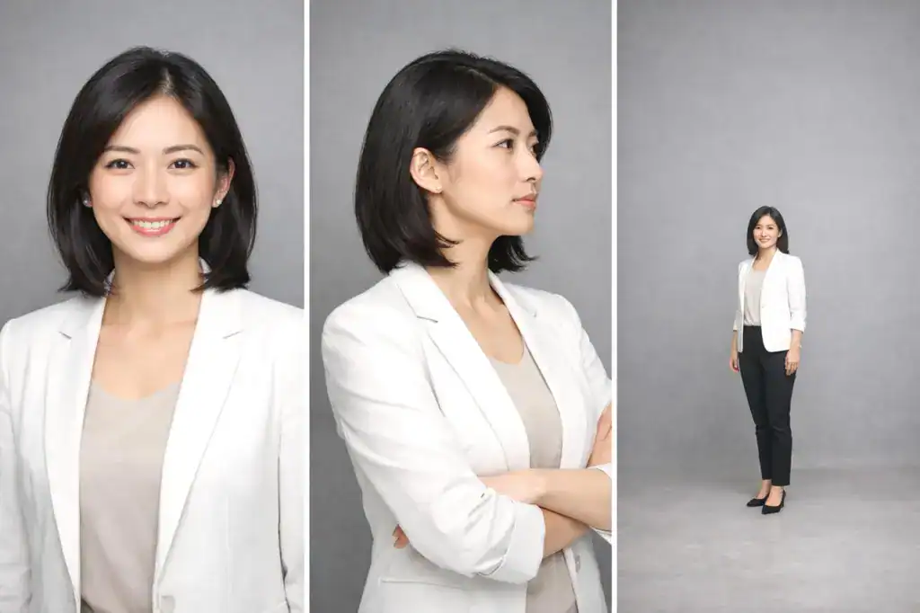 同一人物在不同大頭照構圖下的對照示意,包含正面近距離、側面構圖與全身遠距離,呈現親和感與距離感的差異