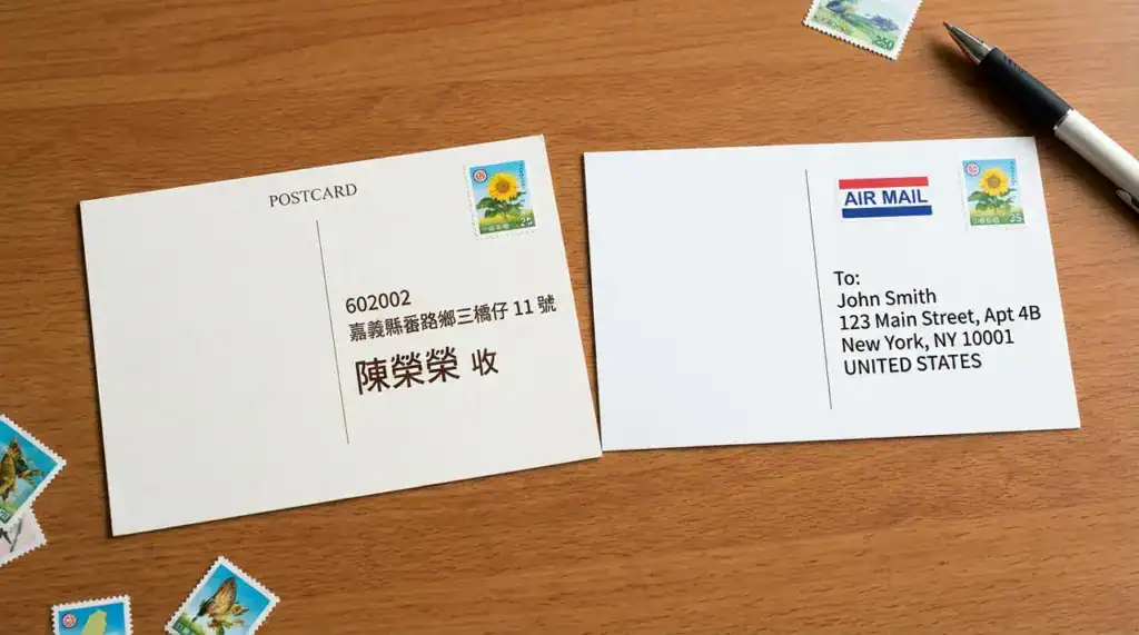 明信片寫法地址比較示意圖,左為台灣國內地址,右為國外明信片地址格式