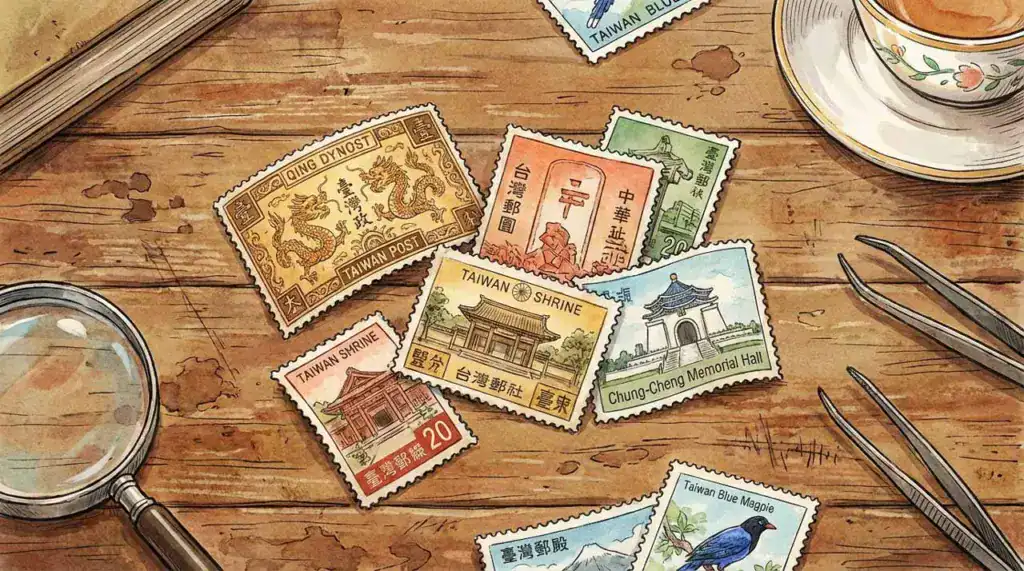 台灣國內明信片郵票示意圖，說明標準明信片的寄送情境