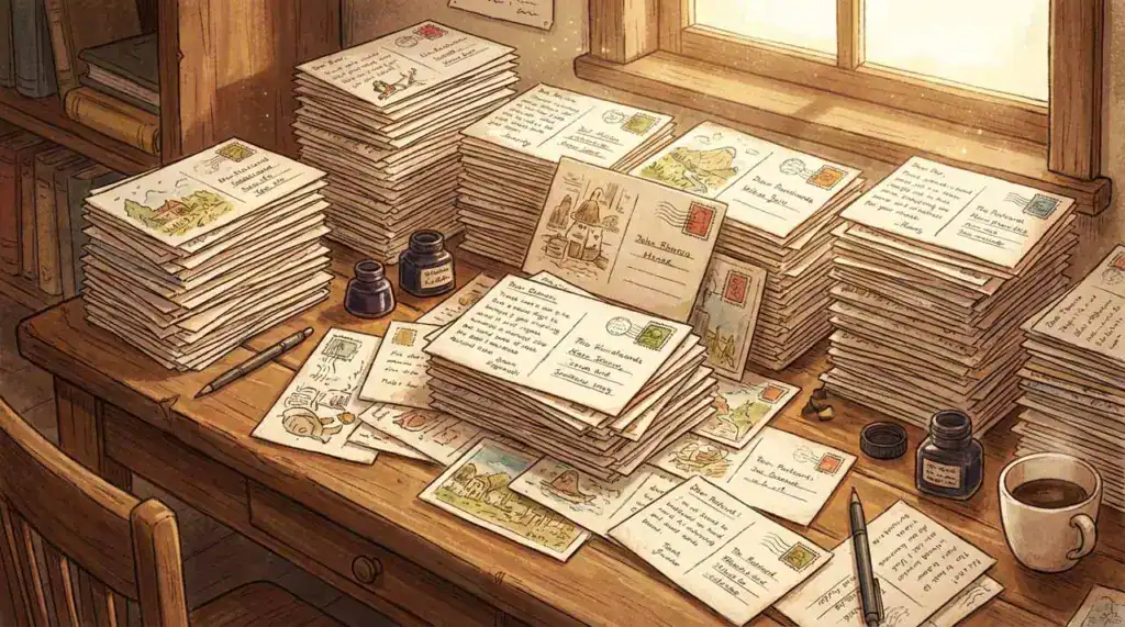 大量書寫與寄送明信片的情境示意，象徵郵資規劃與省錢技巧