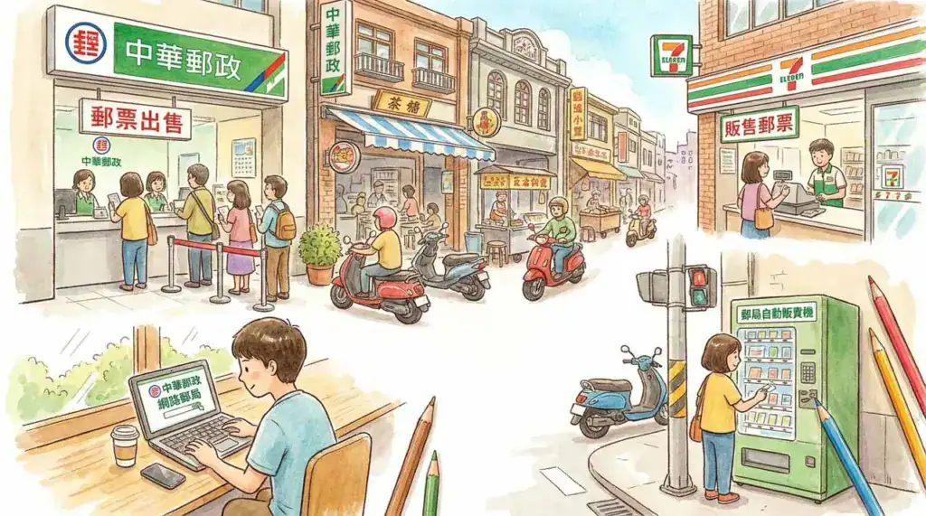 郵票購買管道示意圖，包含郵局、便利商店與自動販賣機等方式