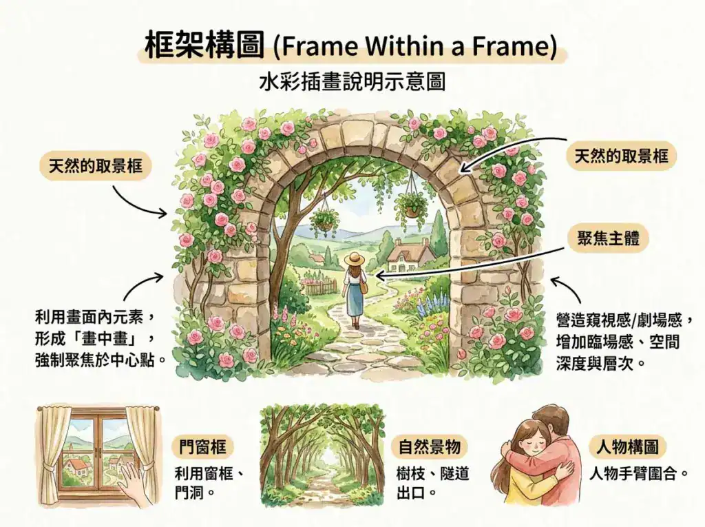 框架構圖示意圖。產生「被包圍」「被框住」的感覺，強化主角的突出與獨特地位。