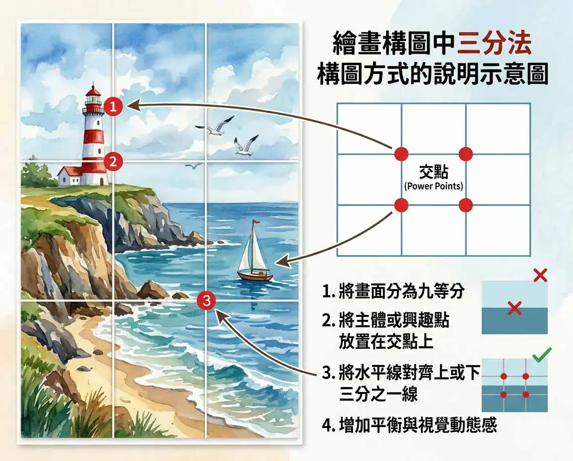 三分法構圖示意圖。這種「1：2」的比例分割，既能讓畫面保持穩定，又不會顯得呆板，是許多新手建立構圖敏感度的第一步