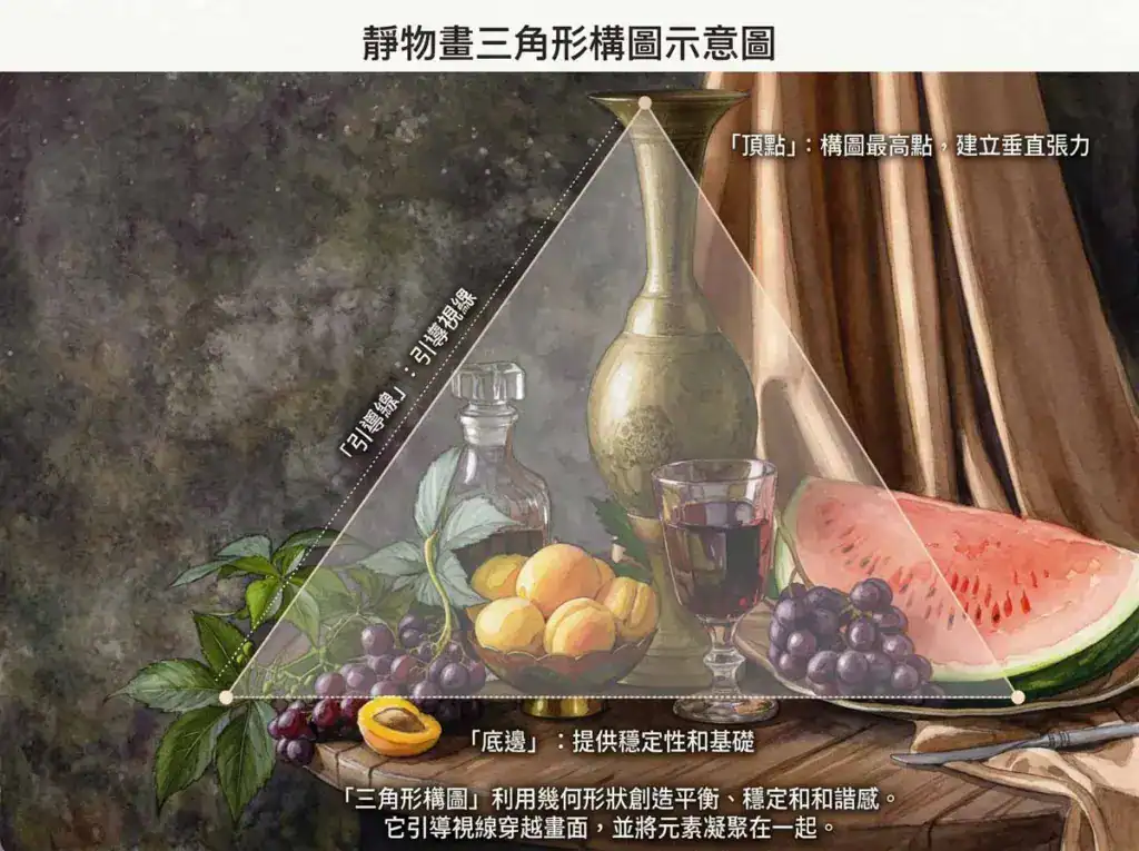 三角形構圖示意圖。具備極佳的「視覺封閉性」：觀者的注意力會自然被鎖定在三角範圍內